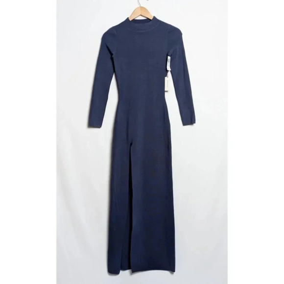 NWT BABATON Leopold Dress Maxi Mock Neck Dive Blue Grey Slit XS Aritzia - Picture 9 of 13